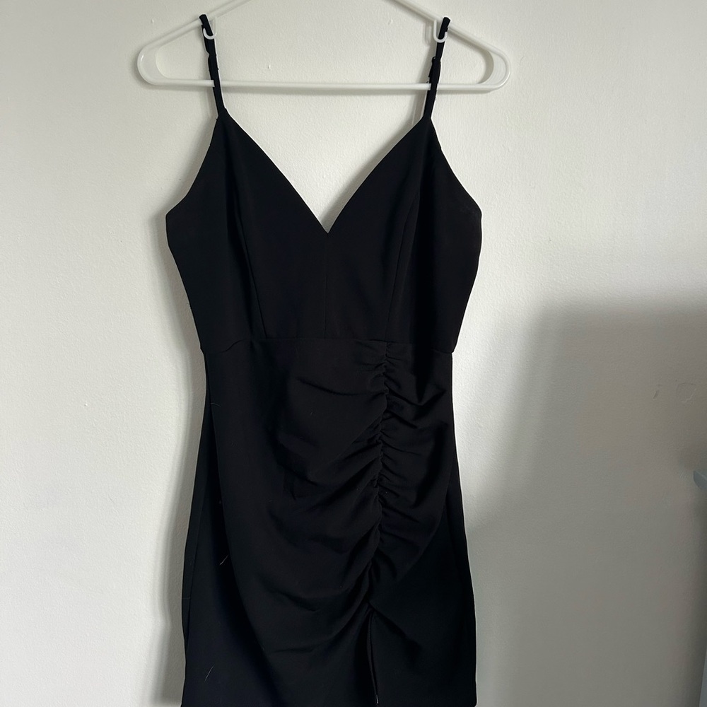 Emerald Sundae Black Ruched Mini Dress
